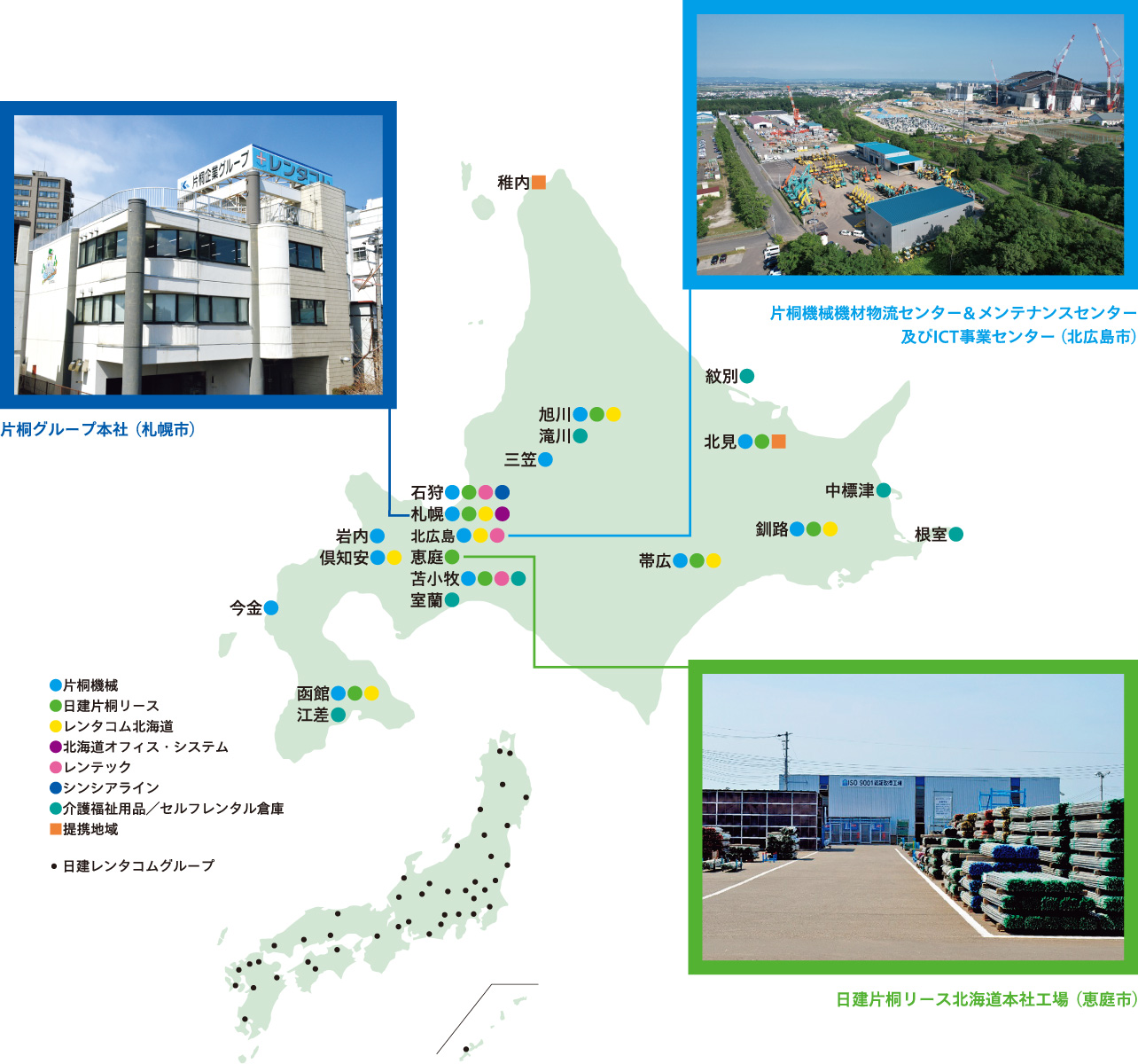 全国の拠点一覧マップ。片桐グループ本社(札幌)、片桐機械機材物流センター&メンテナンスセンターおよびICT事業センター(北広島)、日建片桐リース北海道本社工場(恵庭市)